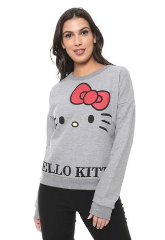 Moletom Flanelado Fechado Cativa Hello Kitty Estampado Cinza