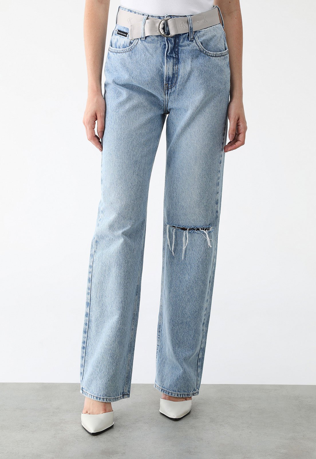 Calça Jeans Calvin Klein Jeans Wide Leg Destroyed com cinto Azul - Marca Calvin Klein Jeans