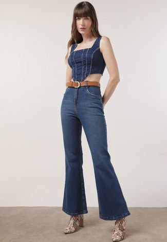 Top Cropped Jeans Com Recortes