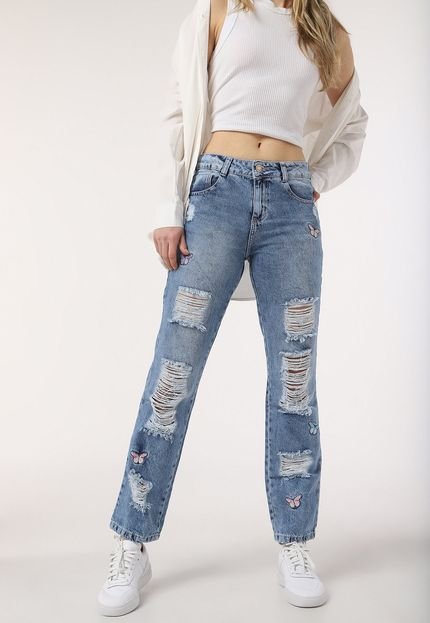 Calça Jeans Biotipo Mom Destroyed Bordada Azul - Marca Biotipo