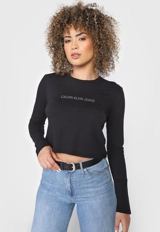 Camiseta Cropped Calvin Klein Jeans Logo Preta - Compre Agora | Kanui Brasil