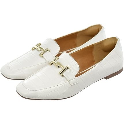 Sapato Feminino Mocassim Donatella Shoes Bico Quadrado Confort Branco Croco - Marca Donatella Shoes