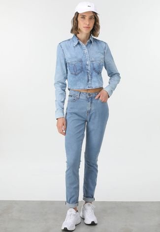 Camisa Cropped Jeans Calvin Klein Jeans Reta Estonada Azul