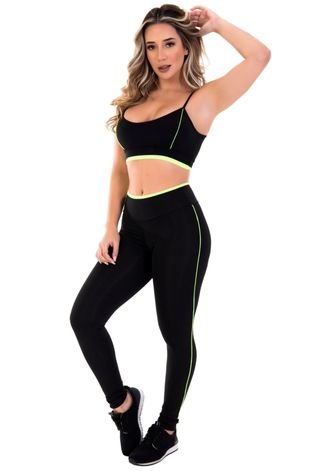 Conjunto Preto e Verde Fitness Feminino Lindo Top Decote V Costa Sem Bojo e Calça Legging Conforto Roupa de Academia Ginástica