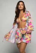 Combo Vicbela Biquini Cortininha Calcinha Comum Estampado   Short Curto Estampado Feminino   Saída de Praia Kimono Manga Longa Proteção UV 50  Moda Praia Feminina - Marca Vicbela