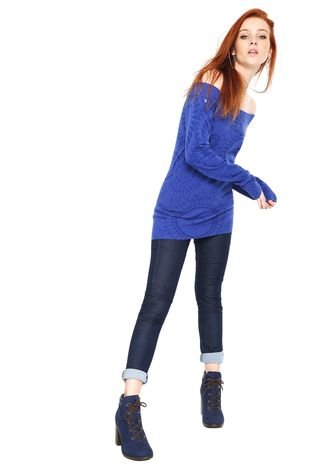Suéter Desigual Tricot Ombro-a-Ombro  Flor Azul