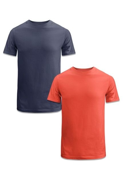 Camisetas Básicas Masculinas Kit 2 Blusa De Algodão Premium 30.1 Para Trabalho Passeio Techmalhas Azul Marinho/Laranja - Marca TECHMALHAS