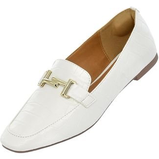 Sapato Feminino Mocassim Donatella Shoes Bico Quadrado Confort Branco Croco
