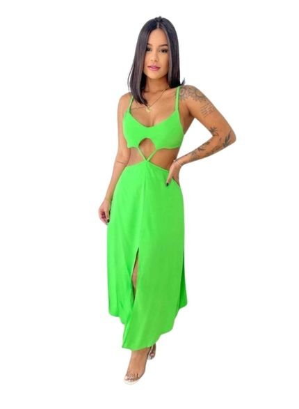 Vestido Midi Viscose Abertura Laço Amarração Verde - Marca Cia do Vestido