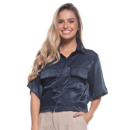 Blusa Cetim Toque de Seda Aspecto Molhado Ampla Dois Bolsos Azul Marinho G Azul Marinho - Marca TEODORO CAMISARIA