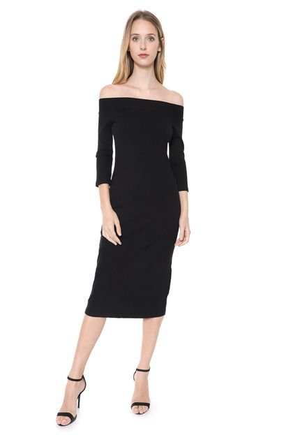 Vestido Calvin Klein Midi Canelado Preto - Marca Calvin Klein