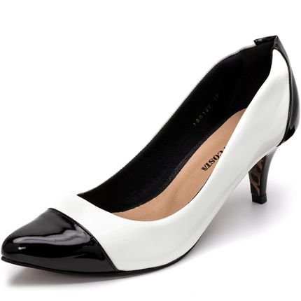 Sapato Feminina Scarpin Salto Baixo Fino Em Verniz Branca E Verniz Preto Lançamento - Marca Carolla Shoes
