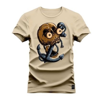 Camiseta Plus Size Premium Estampada Algodão Confortável Caveira Pirata Ancora - Bege - Marca Nexstar