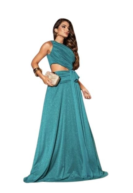 Vestido Longo de Festa Premium Convidadas Madrinhas Casamento um Ombro Com Brilho Abertura Lateral Aliene Azul Turquesa - Marca Cia do Vestido