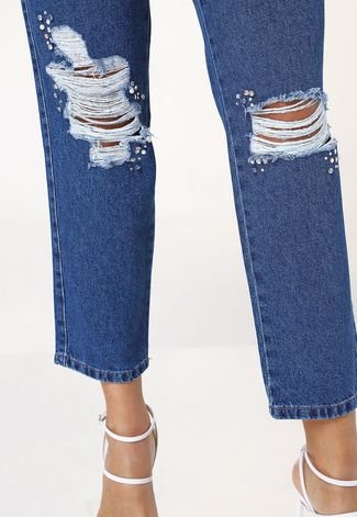 Calça Cropped Jeans Biotipo Mom Destroyed Azul