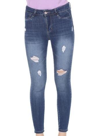 Calça Jeans Sawary Skinny Cropped Destroyed Azul
