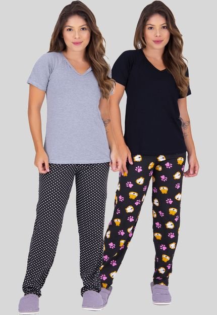 Kit com 02 Pijamas Manga Curta e Calça Comprida Estações - Marca Click Mais Bonita