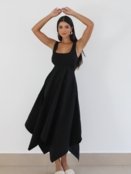 Vestido Midi Novah Store Evasê Barra Assimetrica Sarja Preto - Marca Novah Store