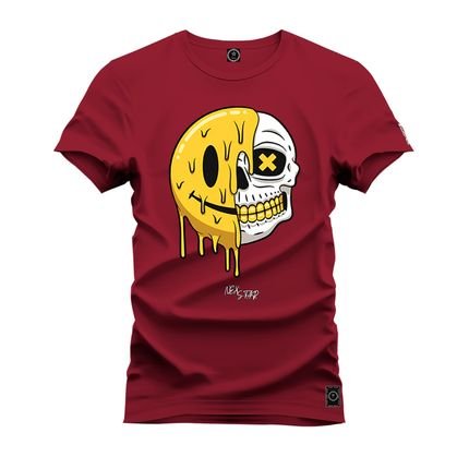 Camiseta Plus Size Estampada Unissex Macia Confortável Premium Caveira Emoji - Bordô - Marca Nexstar