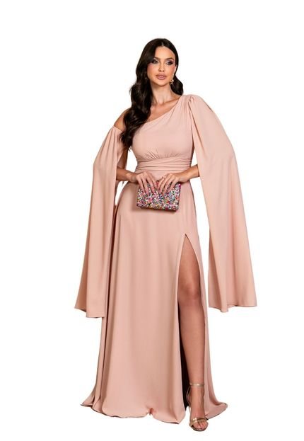 Vestido Longo de Festa Casamento Assimétrico Manga Longa Crepe com Fenda Ayndrá Rosê - Marca Cia do Vestido