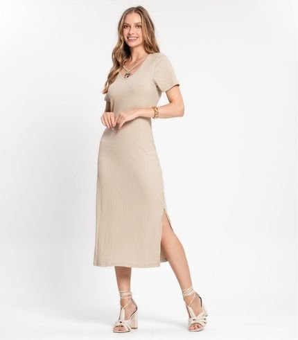 Vestido Midi Feminino Em Ribana Canelada Rovitex Bege - Marca Rovitex