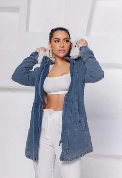 Jaqueta Parka Jeans Forrada Sobretudo com Capuz Inverno - Marca Cia do Vestido