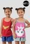 Kit 2 Baby Doll 4 Estações Infantil Pijama Feminino Curto Estampa Unicórnio e Mulher Maravilha - Marca 4 Estações