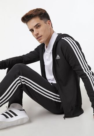 Blusa de Moletom Aberta adidas Sportswear Capuz Zíper Essentials 3-Stripes Preta