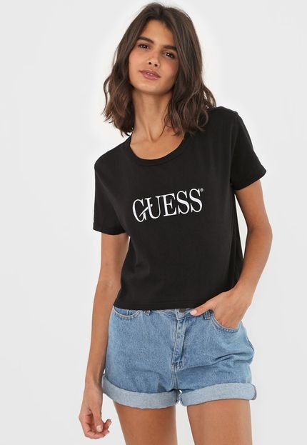 Camiseta Cropped Guess Lettering Preta - Marca Guess