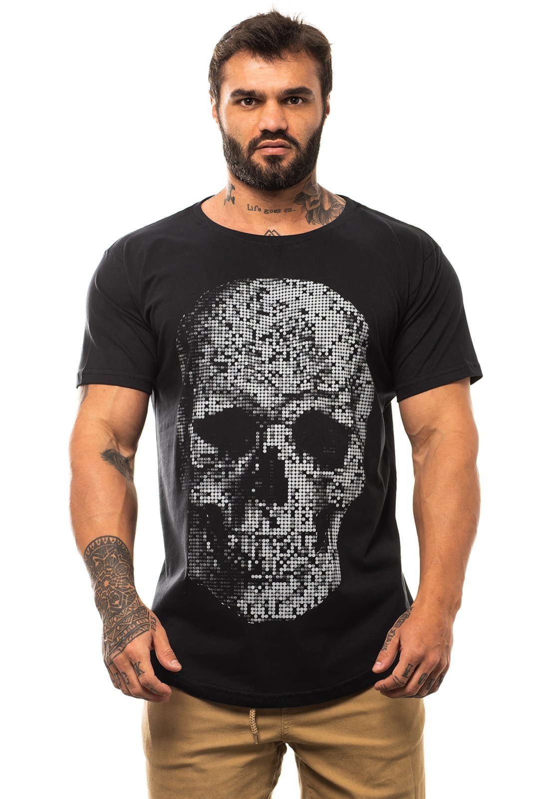 Camiseta Longline Masculina MXD Conceito para Academia e Casual Skull Points Preto Meia Malha - Marca Alto Conceito