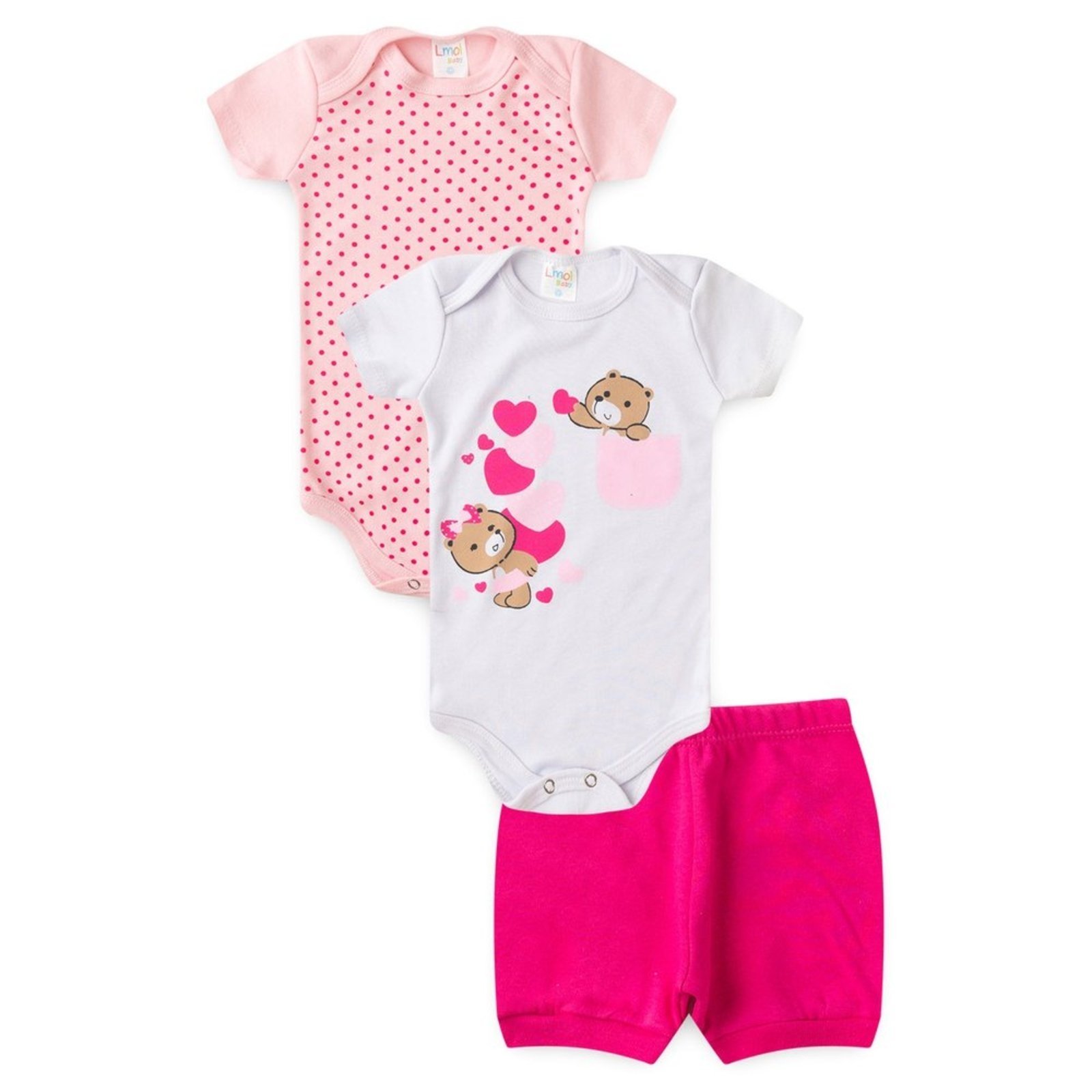 Kit Body Curto Bebê Feminino Rosa Poá - Marca Tiktak Kids