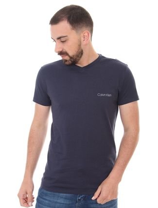 Camiseta Calvin Klein Swimwear Masculina V-Neck Slim Fit Logo Azul Marinho