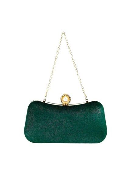 Bolsa Clutch Liage Festa Veludo Pedraria Brilhante Strass Perola e Metal Dourada e Verde Musgo Escuro Militar - Marca Liage