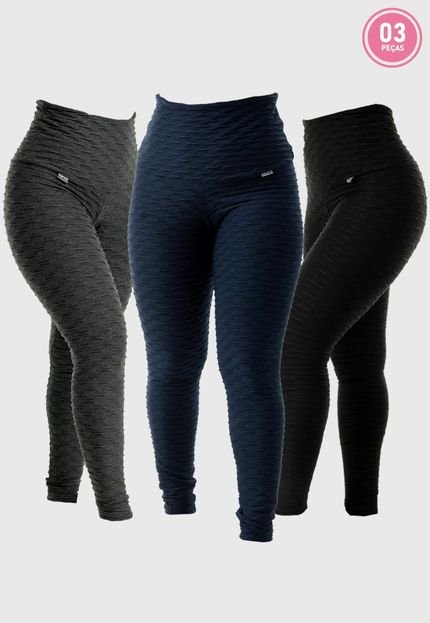 KIT 3 LEGGINGS CINTURA ALTA LEVANTA BUMBUM BOLHA - Marca Click Mais Bonita