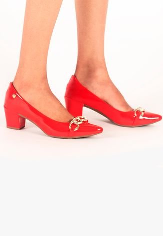 Sapato Feminino Scarpin Corrente Salto Baixo Vermelho