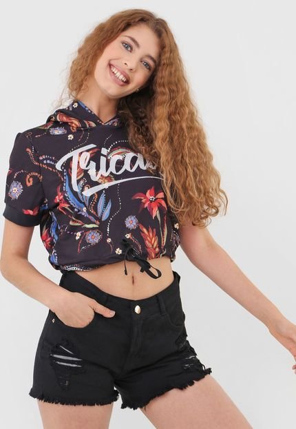 Blusa Cropped Tricats Capuz Ethinic Batik Preta - Marca Tricats