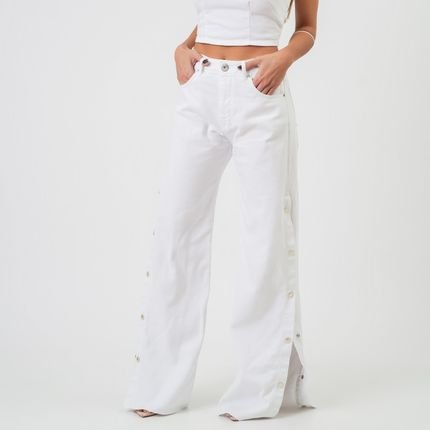Calça Jeans Color Wide Cintura Alta Botões Laterais Branca - Marca Bloom
