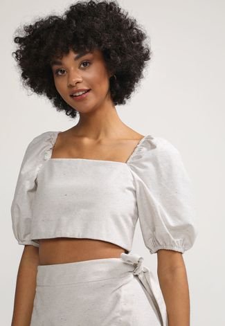 Blusa Cropped Forever 21 Mangas Bufantes Off-White