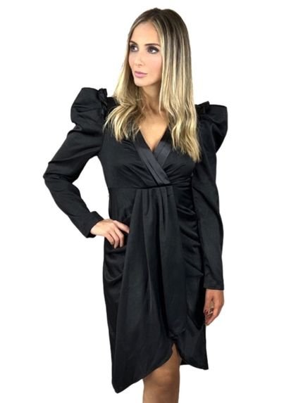 Vestido Liage Curto Festa Cetim Manga Comprida Plissado Decote V Ombro Preto - Marca Liage