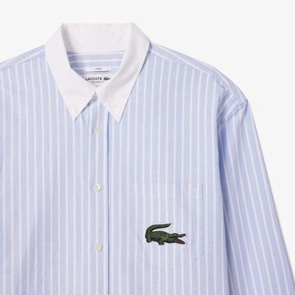 Camisa Oxford Listrada de Algodão com Colarinho em Contraste Maxi Croc Azul - Marca Lacoste
