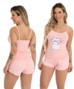 Pijama Curto Baby Doll Rosê Gatinho - Marca Sallada Mista