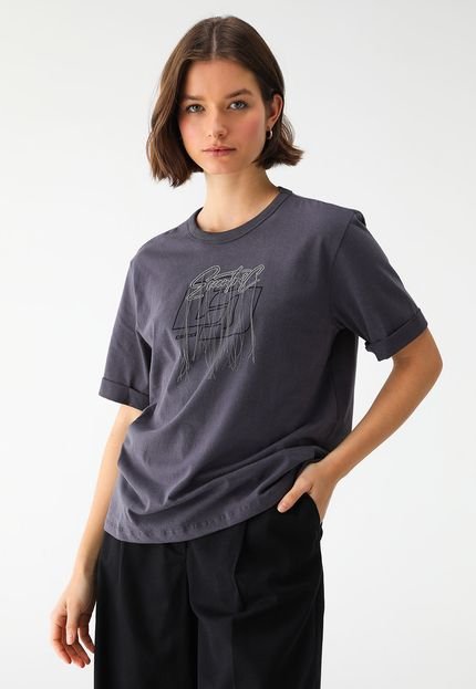 Camiseta Colcci Reta Estampa e Bordado Grafite - Marca Colcci