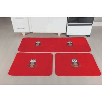 Kit de Tapetes para Cozinha com 3 Peças - Coruja Vermelho