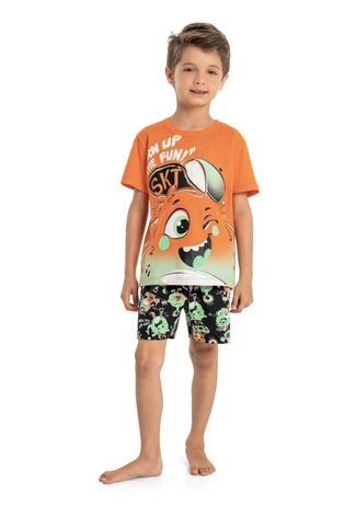 Pijama Infantil Masculino com Camiseta e Bermuda em Meia Malha Quimby Laranja