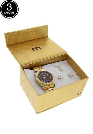 Kit 3Pçs Relógio Mondaine 99077LPMVDE2K1 Dourado/Marrom