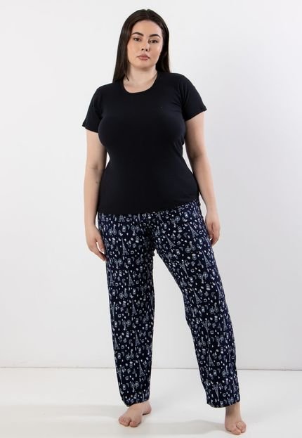 Pijama Linha Noite Plus Size Calça Estampada Liganete   Blusa Ribana Justa Manga Curta - Marca Linha Noite
