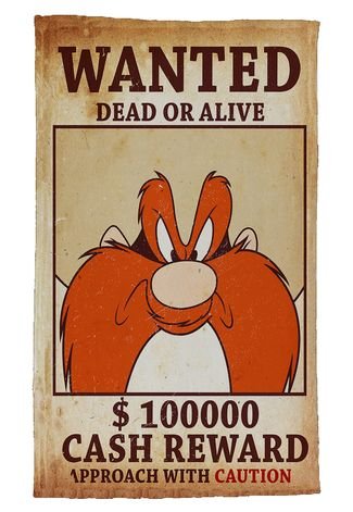 Pano de Prato Looney Tunes Algodão Yosemite Wanted 18x29cm Bege