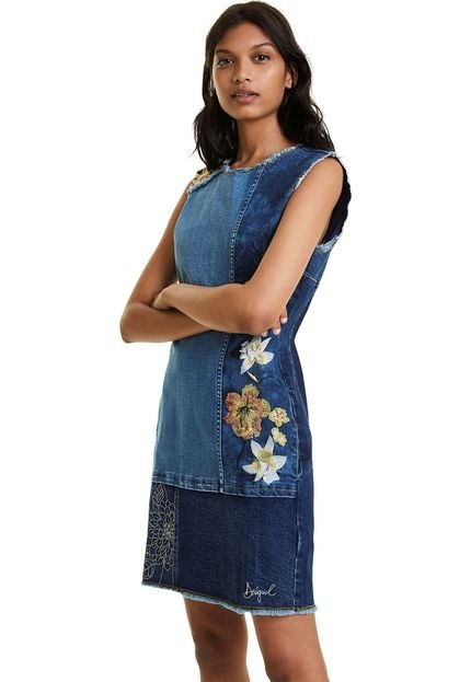 Vestido Jeans Desigual Curto Floral Azul - Marca Desigual