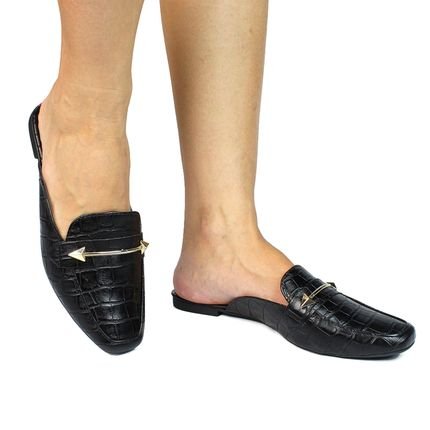 Sapato Mule Femino Donatella Shoes Bico Quarado Preto Croco - Marca Donatella Shoes