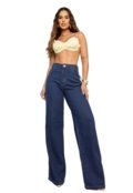 Calça Jeans Pantalona Wide Leg Elegante Lavagem Média Feminina Confortável Tecido Premium - Marca Pletora